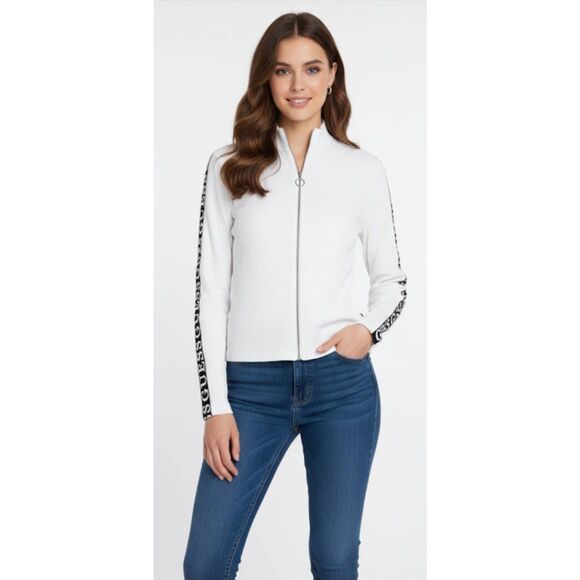 Guess los Angeles womens small full zip sweater white fitted ribbed stretch - Picture 3 of 12